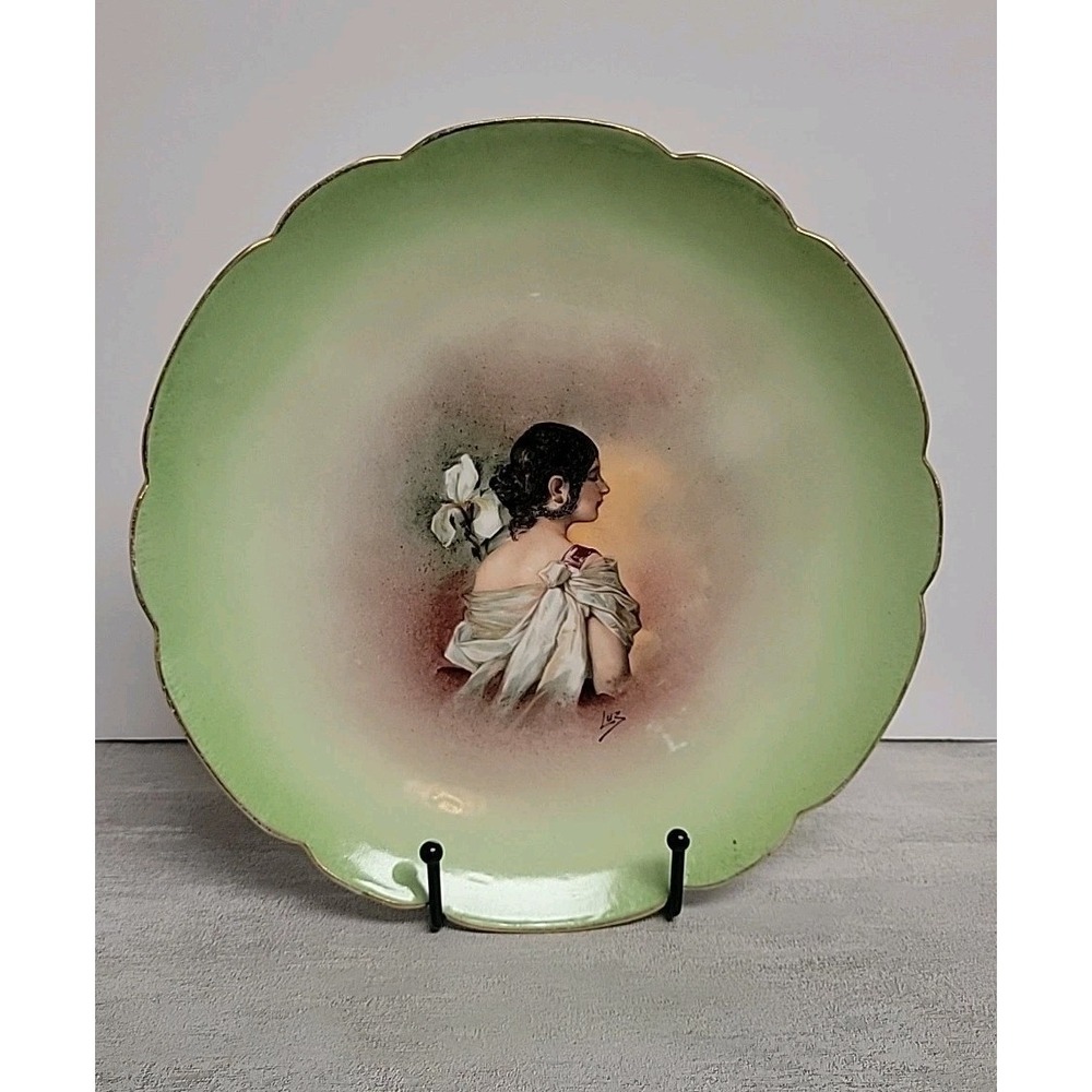 Antique Limoges Portrait Plate Artist Signed LUZ France Green Scalloped Gold